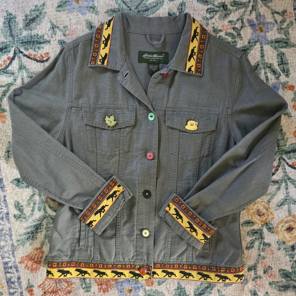 Vintage Horses Eddie Bauer Green Floral Embroidered Jacket Size Small